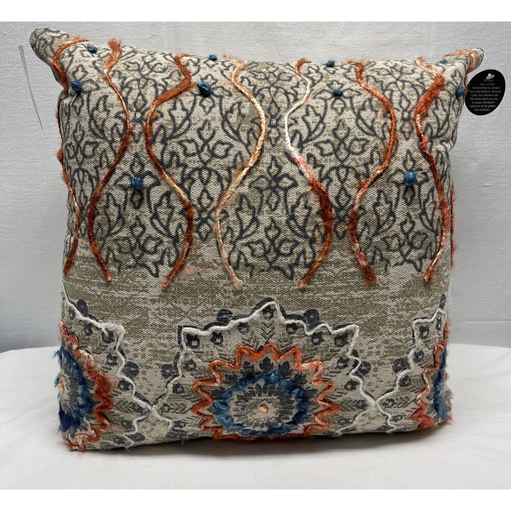 Rizzy Home Hand Crafted Medallion Decorative Pillow Natural Blue Rust New w/Tags